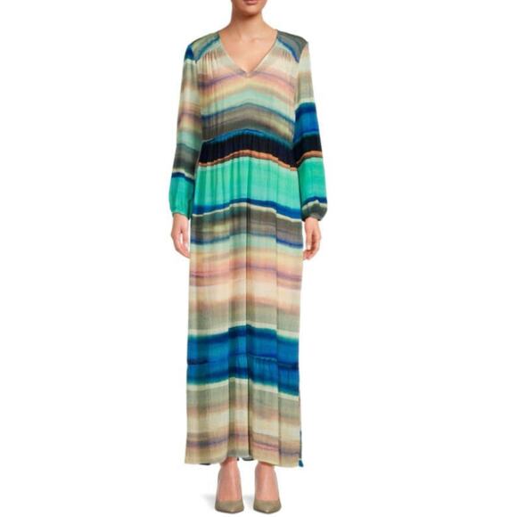 Marie Oliver Luciana Sante Fe Stripe Green Blue Silk Chiffon Maxi Dress L $438